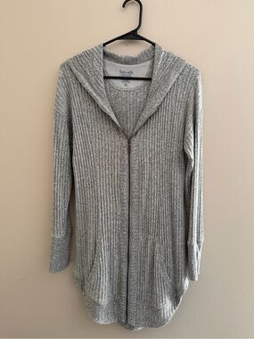 Splendid Grey Ribbed Zip-Front Hooded Cardigan - Size Medium